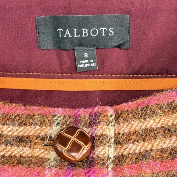 TALBOTS Plaid Button-Front Skirt Womens Sz 8 Brown Pink Wool Blend Western Retro - Picture 4 of 7